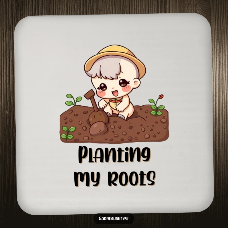 Funny Drink Coasters: Cute character digging in soil, protecting surfaces with a humorous gardening theme, ideal funny gift for homes.