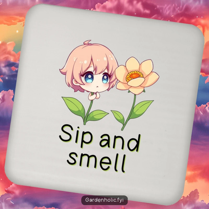 Funny Drink Coaster with a character admiring a vibrant, perfectly bloomed flower.
