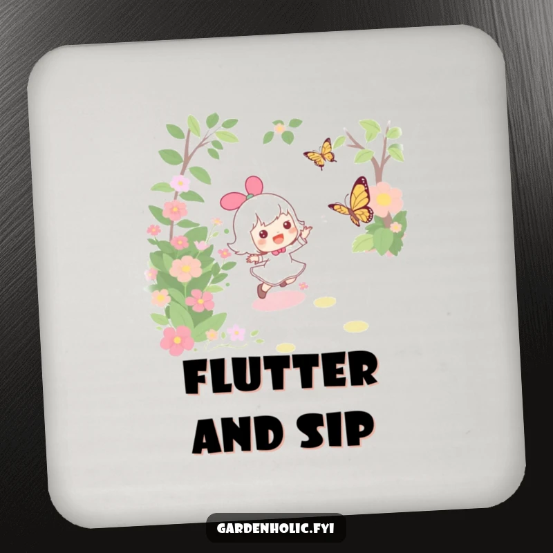 Funny drink coaster set featuring a character joyfully chasing a butterfly through a garden, protecting surfaces with whimsical charm.