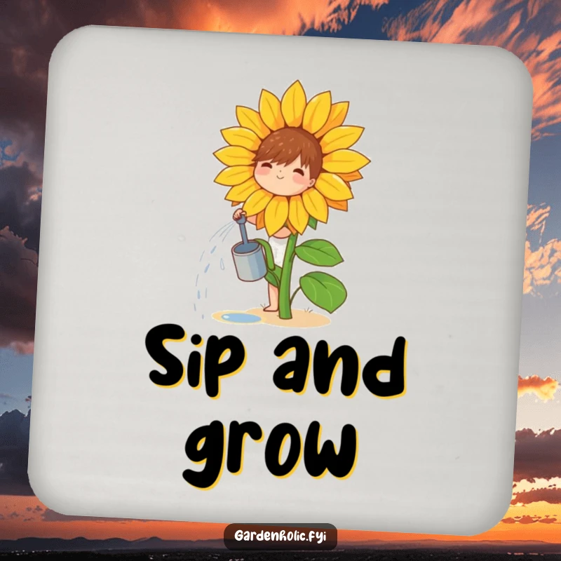 Funny drink coaster with a small, joyful character watering a giant sunflower, celebrating nature's growth.