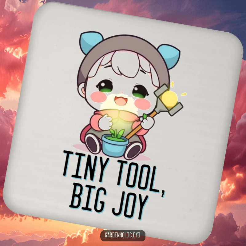 Funny drink coaster with a happy character holding a tiny, glowing gardening tool, protecting surfaces with garden cheer.