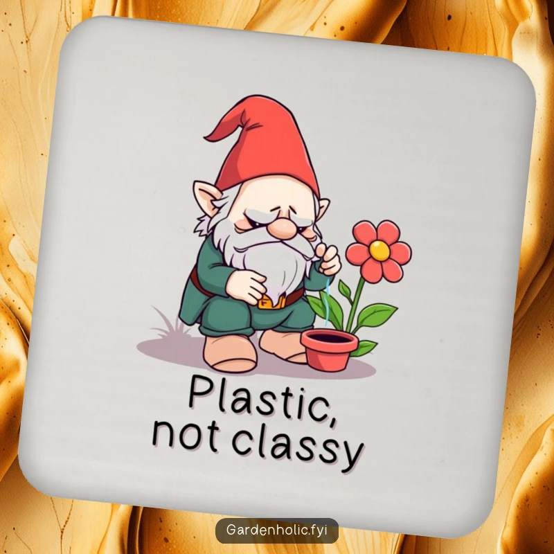 Funny coaster: A grumpy garden gnome attempting to water a fake plastic flower, a humorous table accessory.