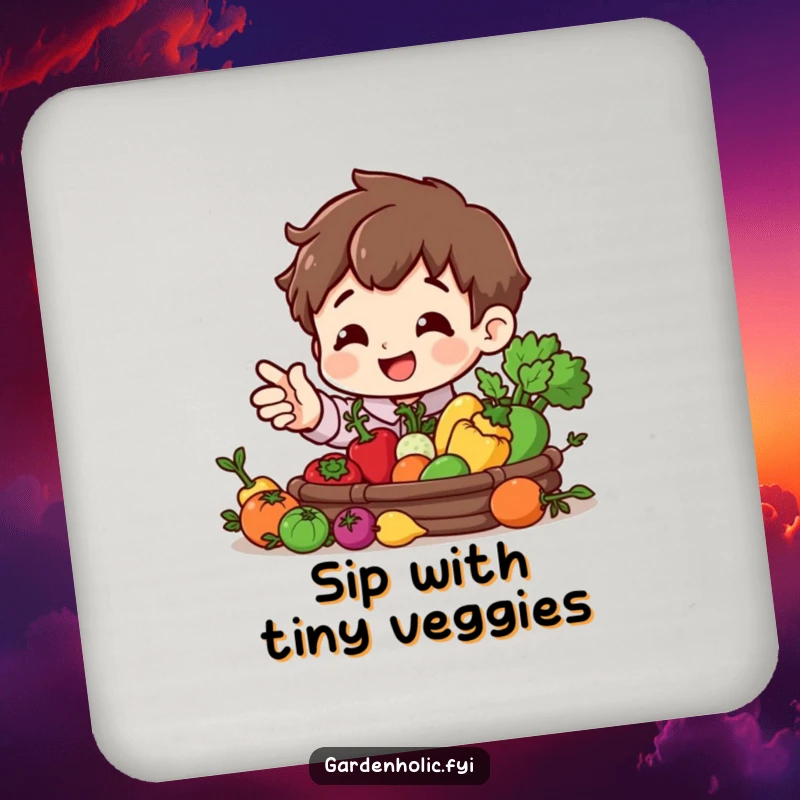Funny drink coaster featuring a smiling character gesturing towards a miniature vegetable harvest, protecting surfaces with cheer.