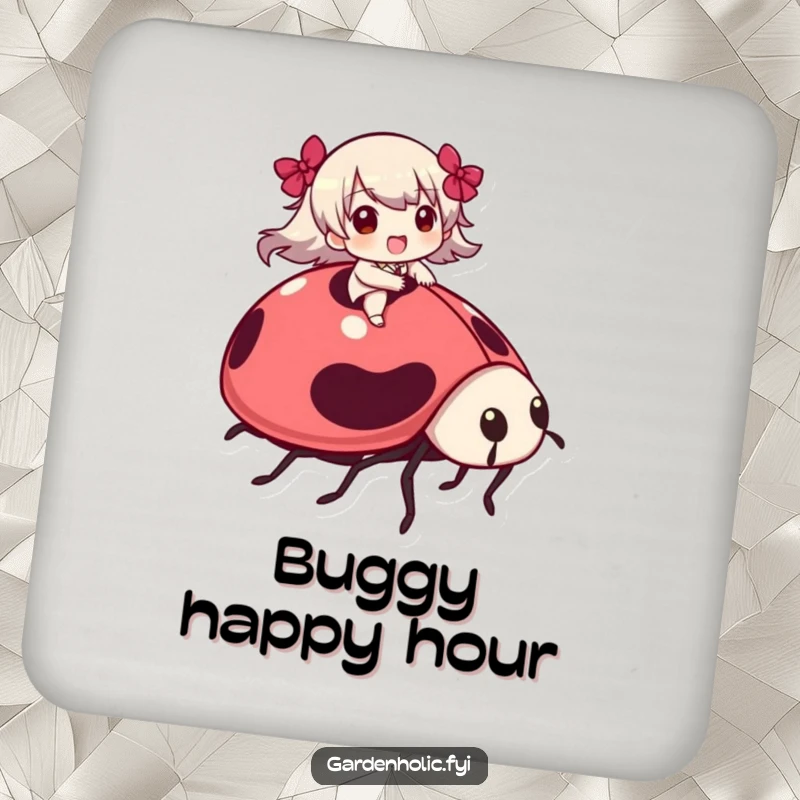 Funny Coasters: A character happily rides a giant ladybug, offering functional charm and whimsical humor to tabletops.