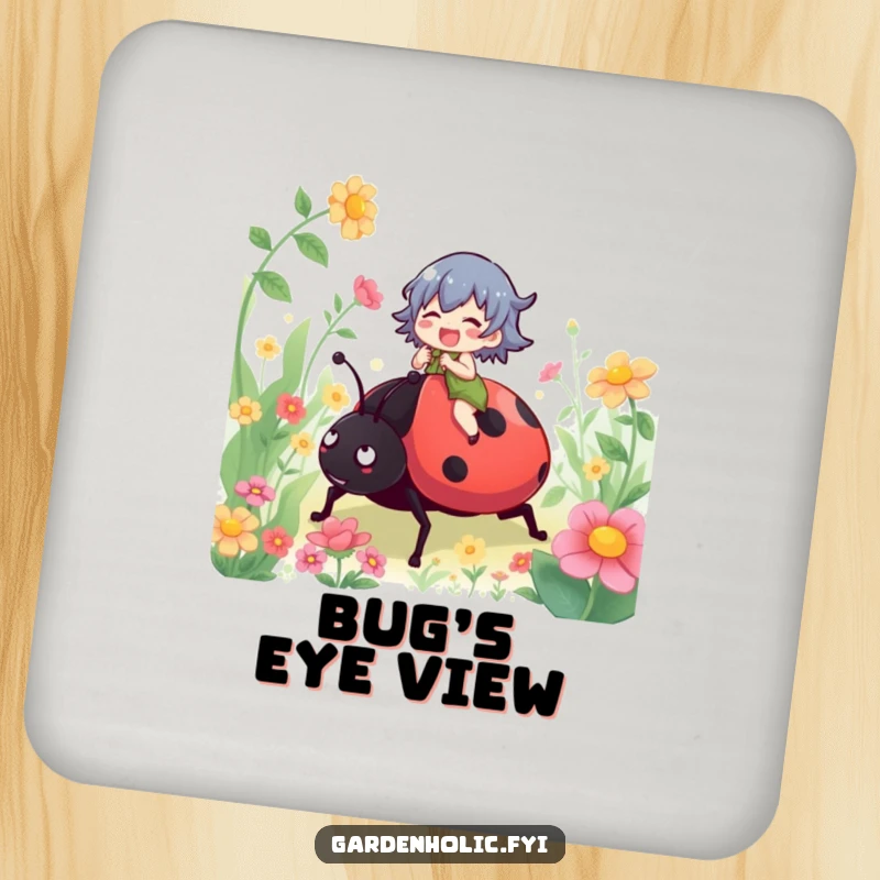 Funny drink coaster with a gleeful character riding a ladybug through a garden, a humorous addition to any drink setup.