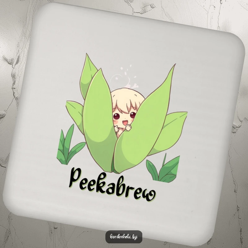 Funny Coasters: Character playfully peeking out from behind a large, leafy plant, protecting surfaces with botanical humor.