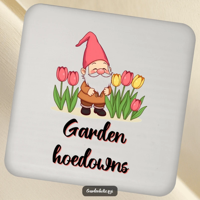 Funny delighted gnome character admiring tulips on a drink coaster, a charming and funny home gift.