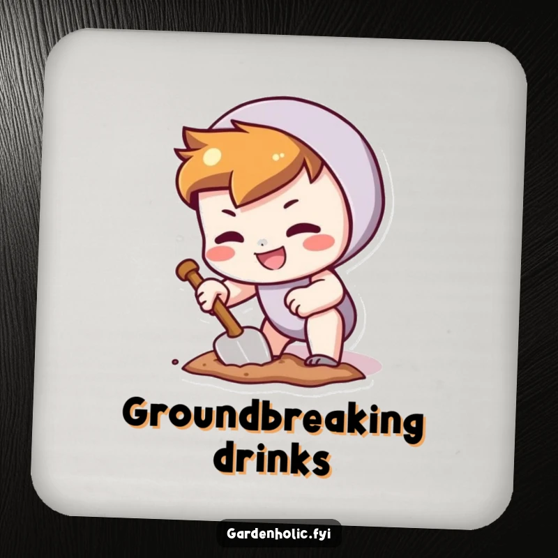 Funny drink coaster with a character grinning determinedly while digging a tiny hole with a trowel.