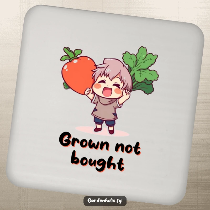 Funny drink coaster showcasing a proud character holding a large, colorful vegetable, protecting tables with a dash of humor.