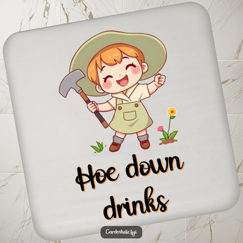Funny Drink Coaster with a character joyfully swinging a gardening hoe with a determined smile, symbolizing gardening enthusiasm.