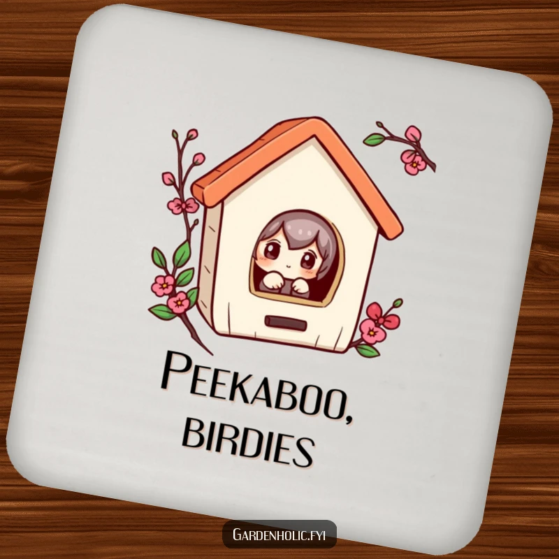 Funny drink coaster featuring a curious character peeking into a small birdhouse, protecting surfaces with humor.