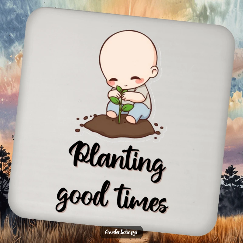 Funny Drink Coasters: Tiny being planting a seed with great care, protecting surfaces with humorous garden charm, an ideal funny gift.
