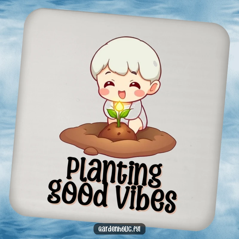 Funny Coasters: Character excitedly planting a tiny, glowing seed, protecting surfaces with humorous symbolism of growth.