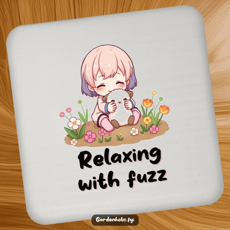Funny Coasters: A character hugs a fuzzy creature in a garden, adding functional charm and humor to tabletops.