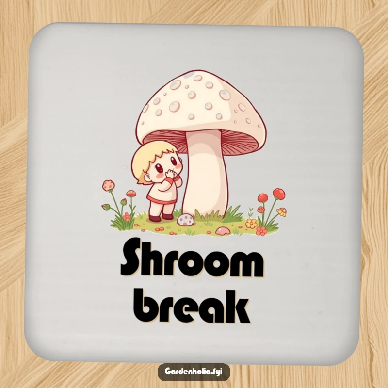 Funny Coasters: A character excitedly examines a giant mushroom, offering functional charm and humor to tabletops.