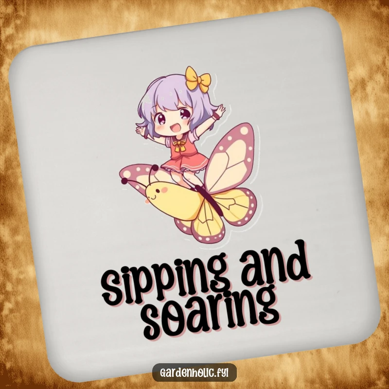 Funny Coasters: Character joyfully balancing on a playful butterfly, protecting surfaces with whimsical and humorous charm.