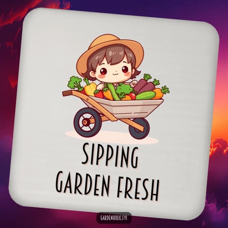 Funny Drink Coaster: Character beaming, holding a wheelbarrow full of vegetables, protecting surfaces with garden humor, a funny gift.