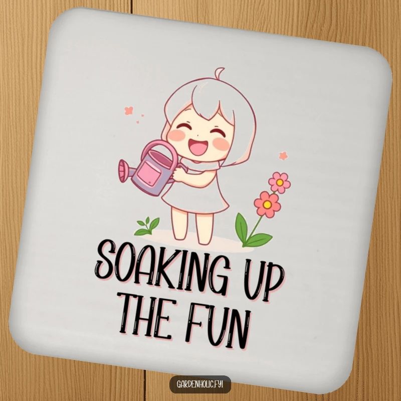 Funny drink coaster with a cute character joyfully watering a small blooming flower with a tiny watering can, protecting surfaces with humor.