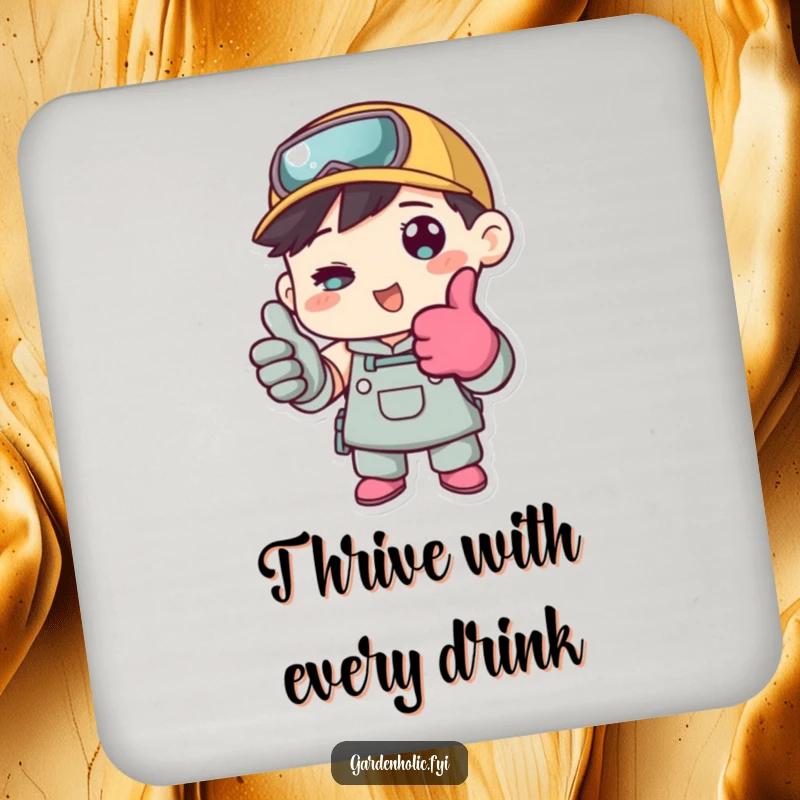 Funny drink coaster with a character in gardening gloves giving a thumbs up, a cute accessory for plant enthusiasts.