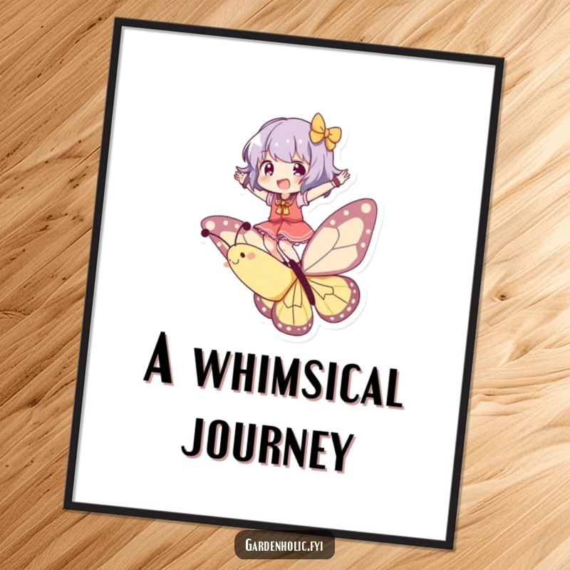 Funny Poster: Character joyfully balancing on a playful butterfly, adding whimsical and humorous airborne beauty to decor.