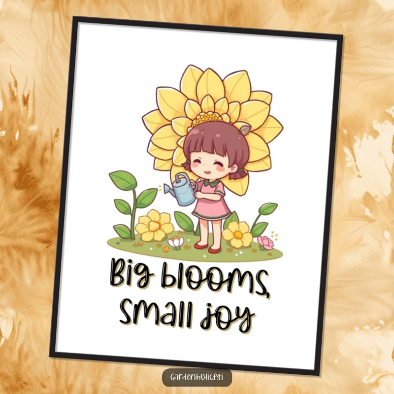 Funny poster art of a character joyfully watering a huge, blooming flower with a tiny watering can, symbolizing nurturing.