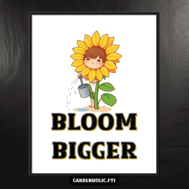 Funny poster depicting a small, joyful character happily watering a single, giant sunflower, full of vibrant life.