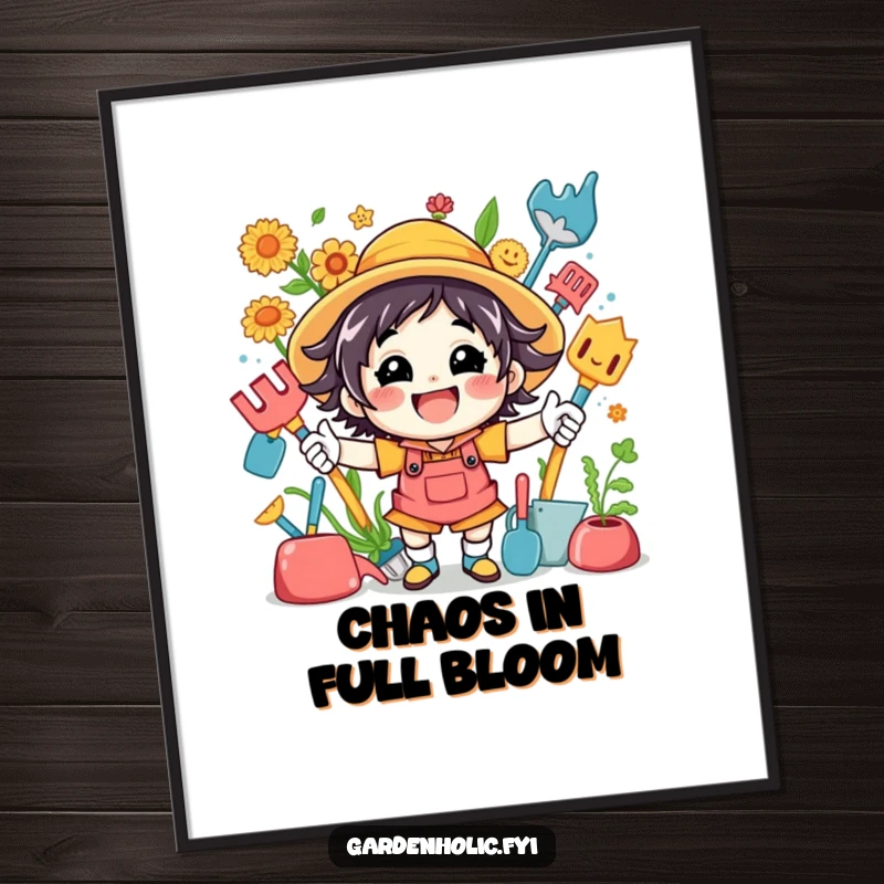 Funny poster displaying an animated, highly energetic character surrounded by a lively assortment of gardening tools, ready for planting.