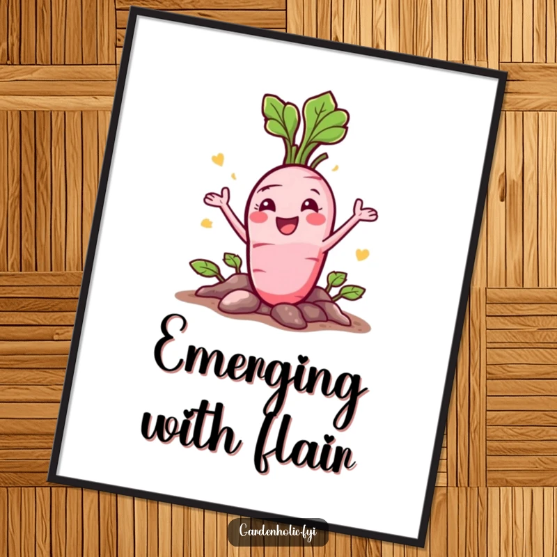 Funny Radish Poster: A happy character bursting from the ground with a flourish, vibrant wall art.