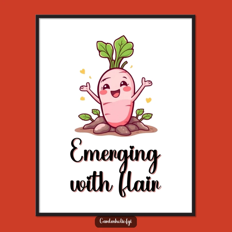 Funny Radish Poster: Happy Veggie Bursting, Vibrant Wall Art Funny Gift