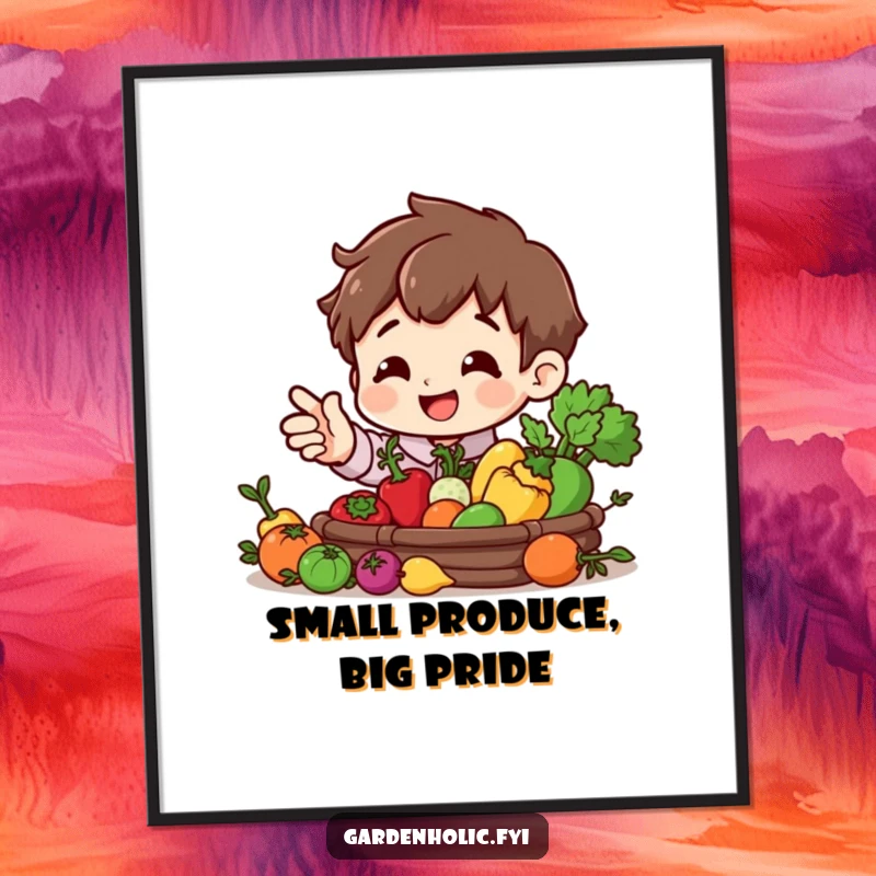Funny poster depicting a smiling character gesturing to an abundant, miniature vegetable harvest, celebrating nature's gifts.