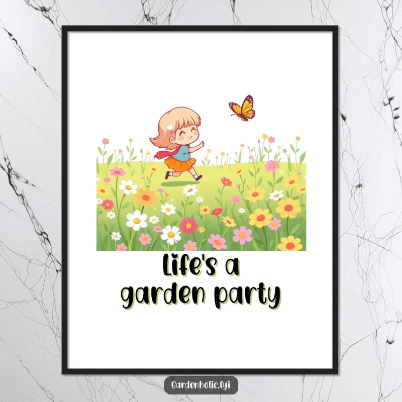 Funny poster illustrating a character in a flower-filled meadow playfully pursuing a butterfly, evoking feelings of happiness and freedom.
