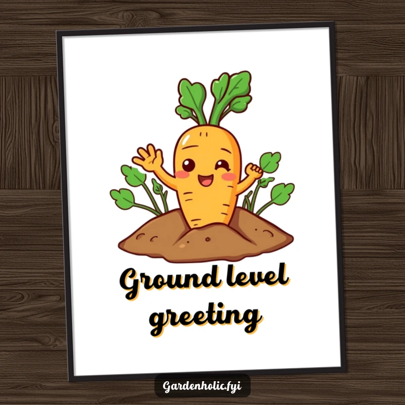 Funny Carrot Poster: A joyful character giving a cheerful wave from the soil, kitchen wall art.