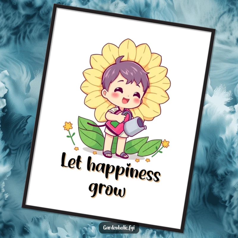 Funny poster depicting a character joyfully watering a massive, smiling flower with a tiny watering can, symbolizing care and vibrant life.