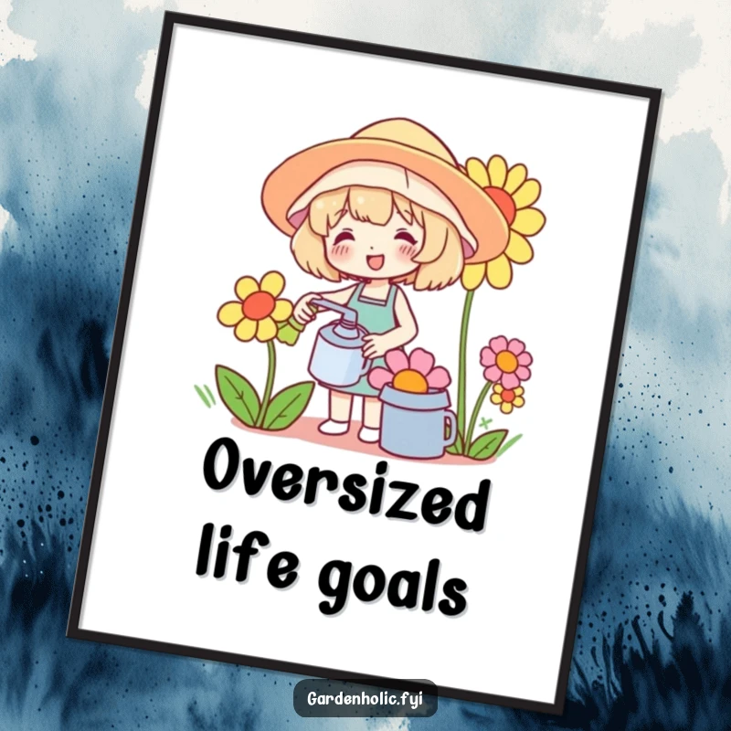 Funny poster featuring a cute character happily watering a comically oversized flower, exuding cheerful garden vibes and humor.