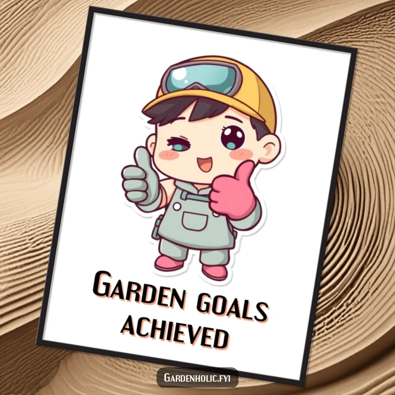 Funny poster of a character in gardening gloves giving a thumbs up, celebrating a successful gardening season with a positive vibe.