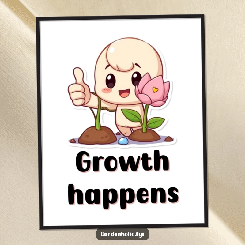 Funny Poster print of a proud character giving a thumbs up next to a blossoming sprout, representing growth and success.