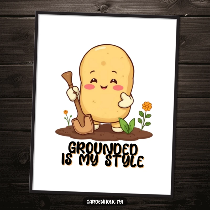 Funny poster: A happy potato wearing gardening gloves, enthusiastically digging, a joyful piece of wall art.