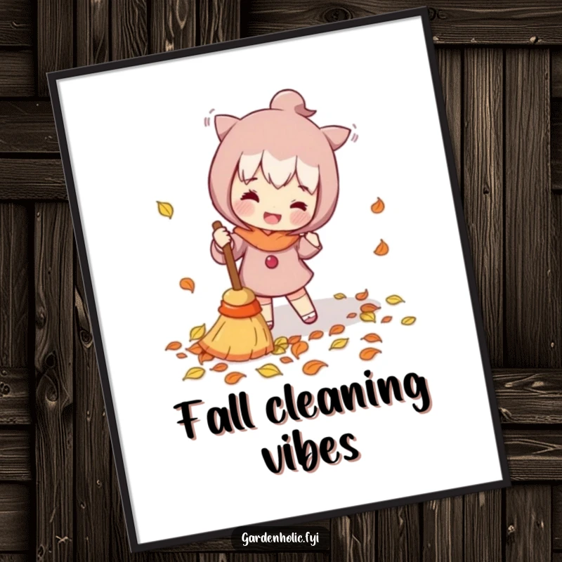 Funny Poster: Character enthusiastically sweeping fallen leaves with a tiny broom, adding energetic and humorous autumn decor.