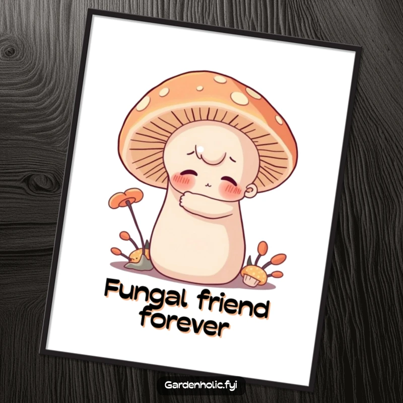 Funny Poster: Character with rosy cheeks hugging a giant, soft mushroom, adding cozy and humorous forest affection to decor.