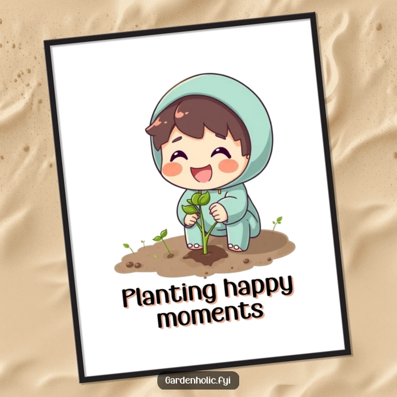 Funny poster art of an excited character planting a seed with a huge smile, celebrating the start of growth.