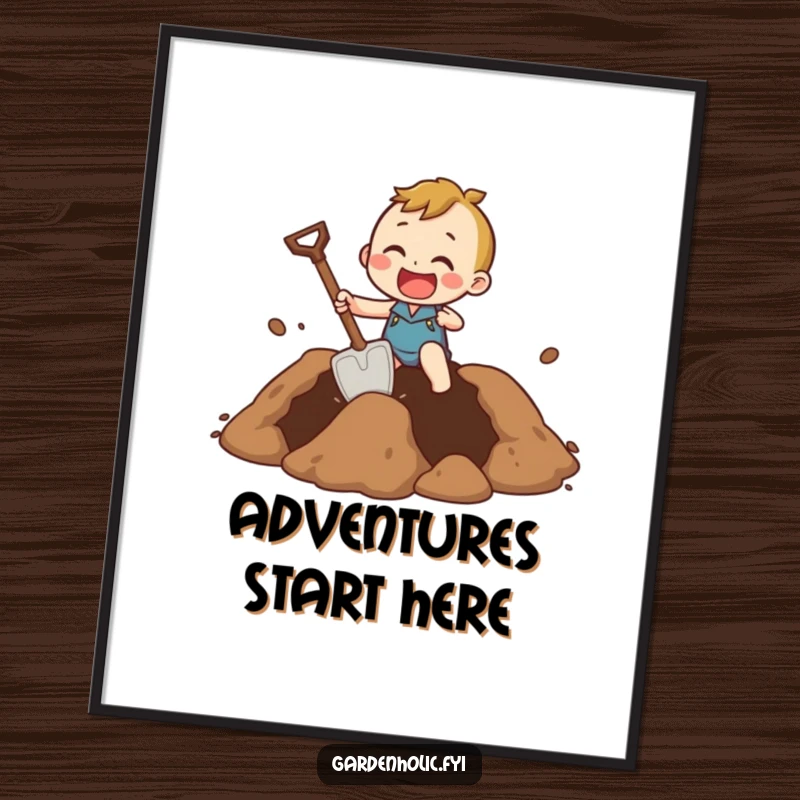 Funny Poster depicting a character excitedly digging a giant hole using a comically tiny shovel, illustrating humorous dedication.