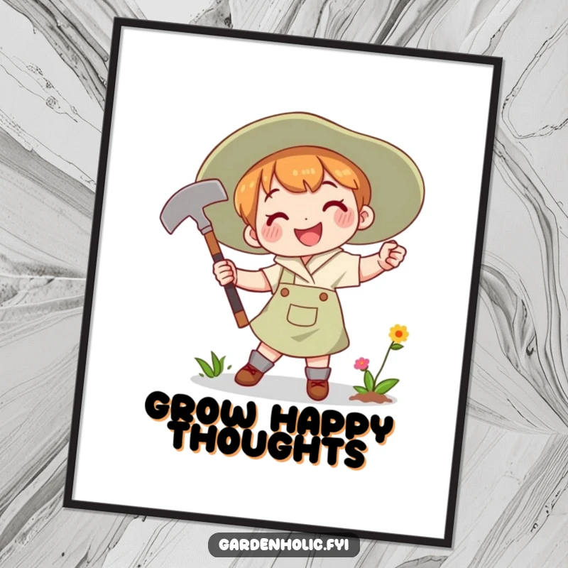 Funny Poster depicting a character joyfully swinging a gardening hoe with a determined smile, celebrating passionate gardening.