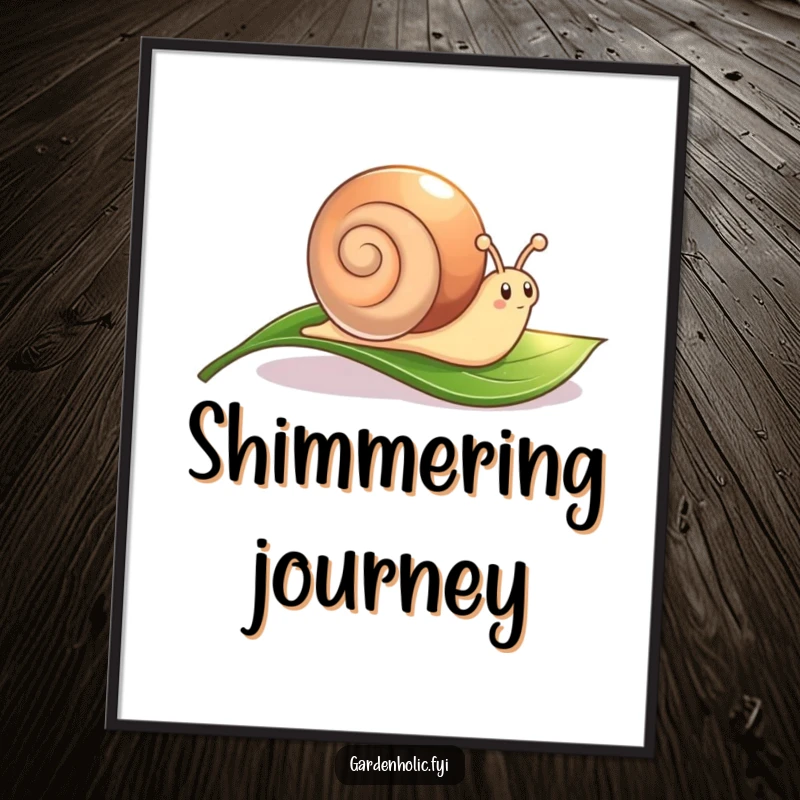 Funny Snail Poster: A cute character leaving a shimmering trail across a leaf, serene wall art.