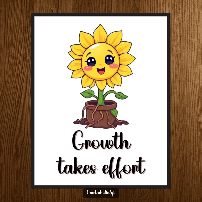 Funny Sunflower Poster: Smiling Character With Roots Enthusiastically Digging into a Tiny Pot, Cheerful Garden Wall Art