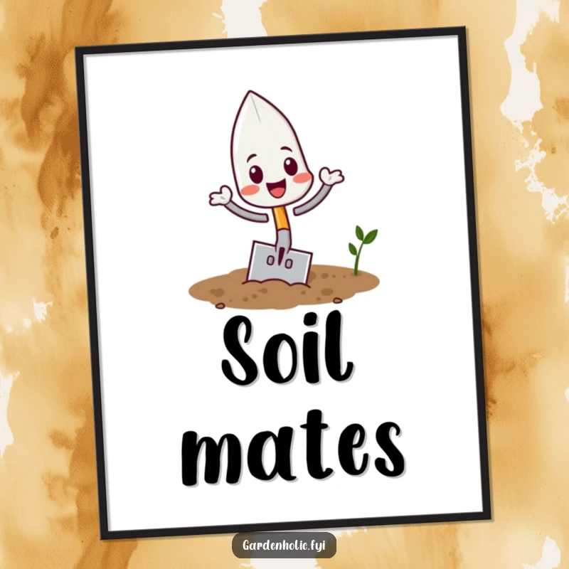Funny playful trowel character flipping in soil on a vibrant poster, a dynamic and funny art gift.