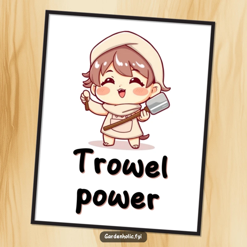 Funny Poster: A character strikes a playful pose with a shiny trowel, exuding energy and gardening enthusiasm.