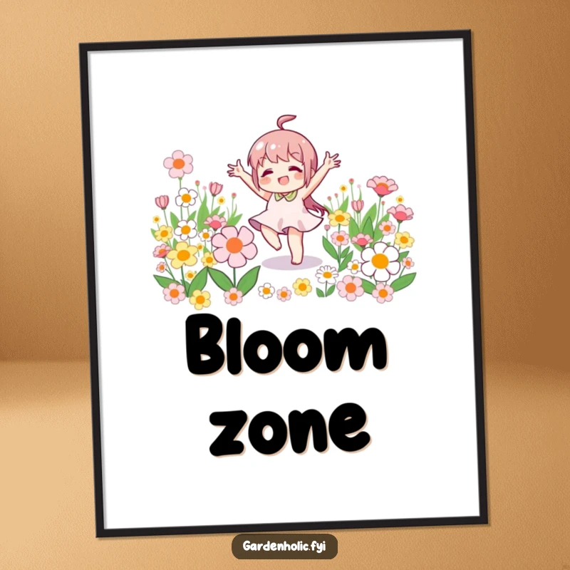 Funny poster of a little character joyfully doing a victory dance amidst blooming flowers, symbolizing pure happiness.