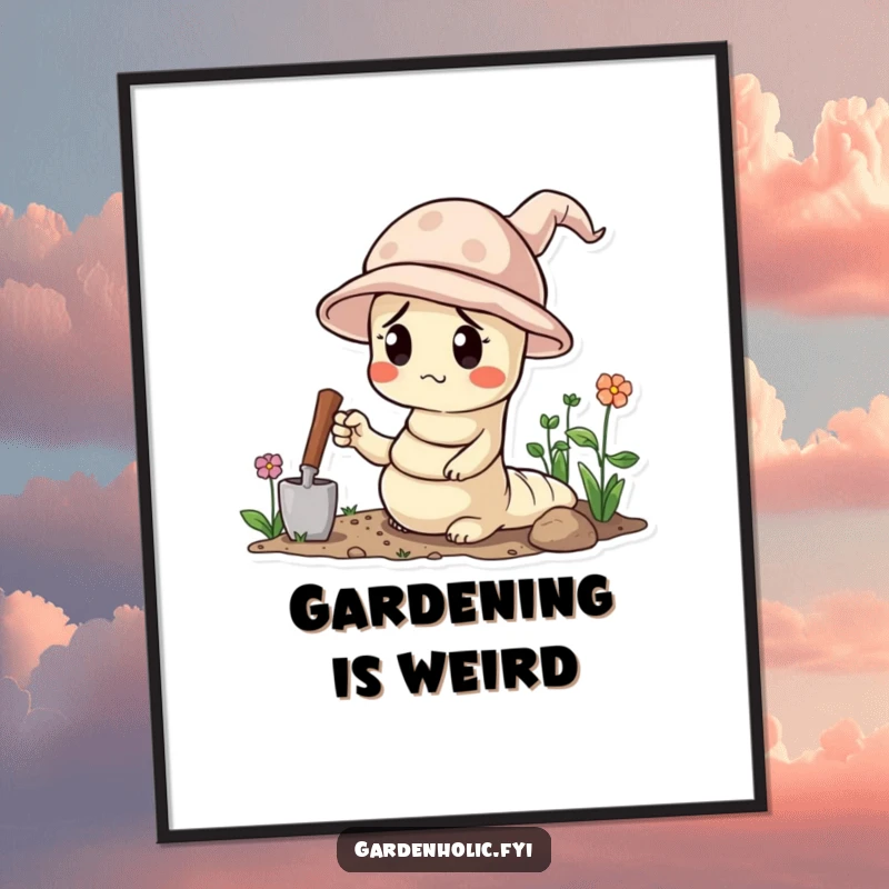 Funny poster art of a confused worm wearing a tiny gardening hat and holding a trowel, adding charm to decor.