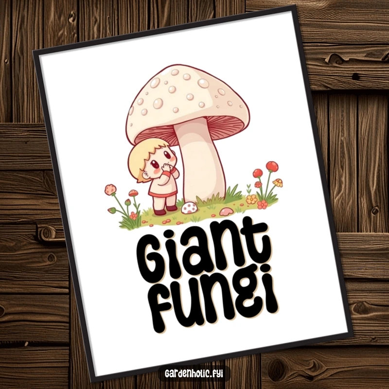 Funny Poster: A character shows excitement while examining an oversized, dewy mushroom, creating a humorous nature scene.