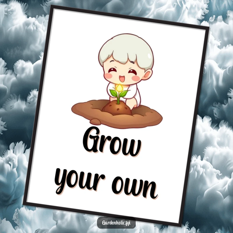 Funny Poster: Character excitedly planting a tiny, glowing seed, symbolizing hope and a bright, humorous future in decor.